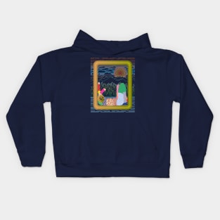 Cute doll lean on a gold frame Kids Hoodie